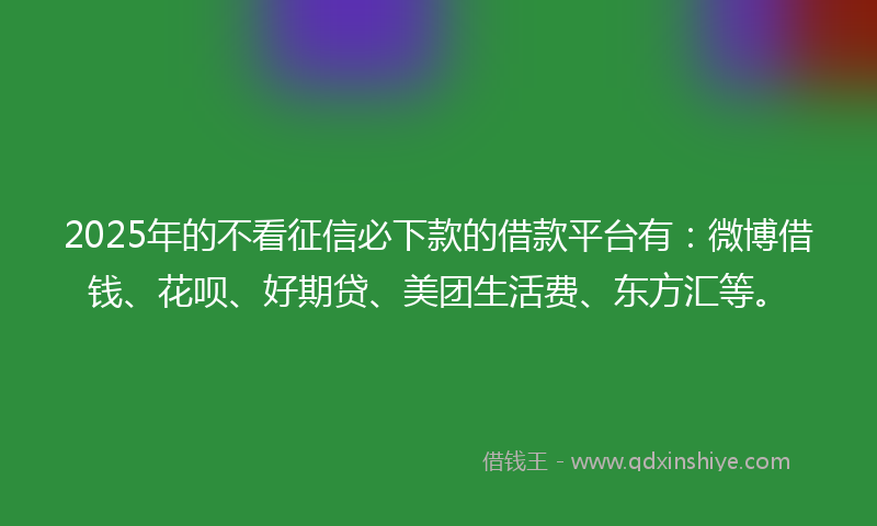 2025年的不看征信必下款的借款平台有：微博借钱、花呗、好期贷、美团生活费、东方汇等。