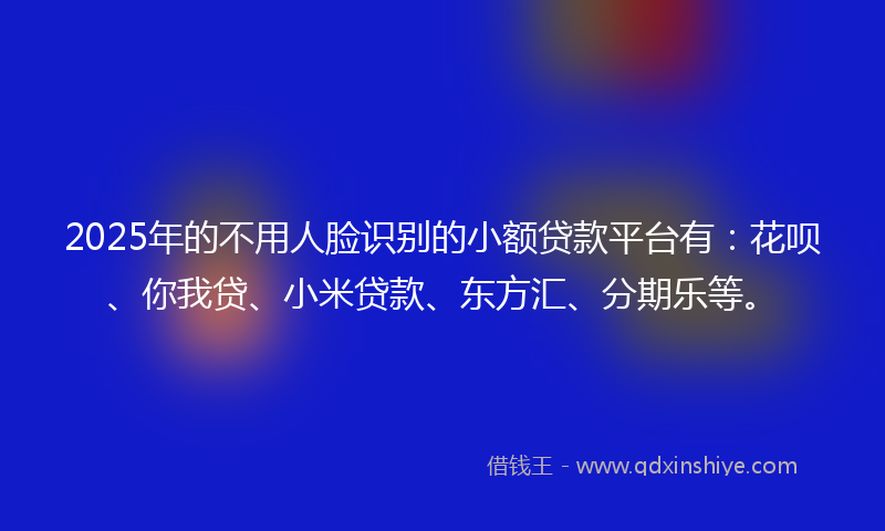 2025年的不用人脸识别的小额贷款平台有：花呗、你我贷、小米贷款、东方汇、分期乐等。