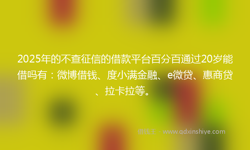 2025年的不查征信的借款平台百分百通过20岁能借吗有：微博借钱、度小满金融、e微贷、惠商贷、拉卡拉等。
