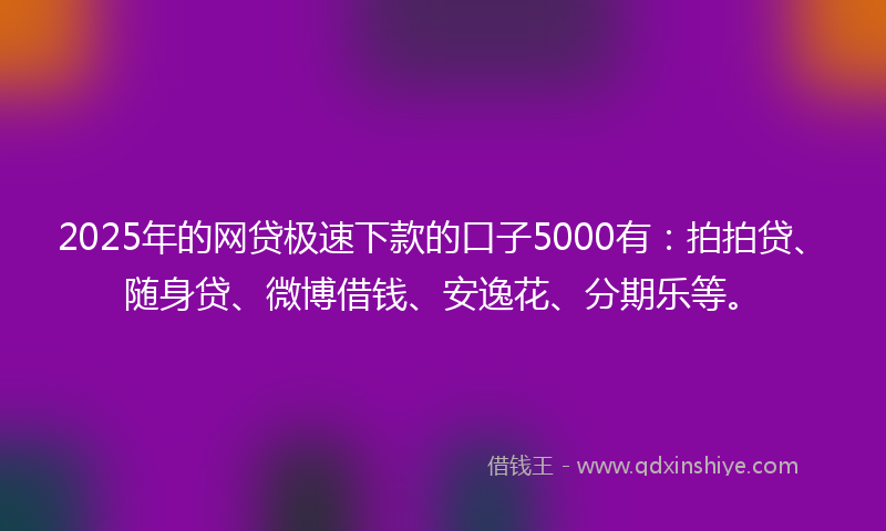 2025年的网贷极速下款的口子5000有：拍拍贷、随身贷、微博借钱、安逸花、分期乐等。