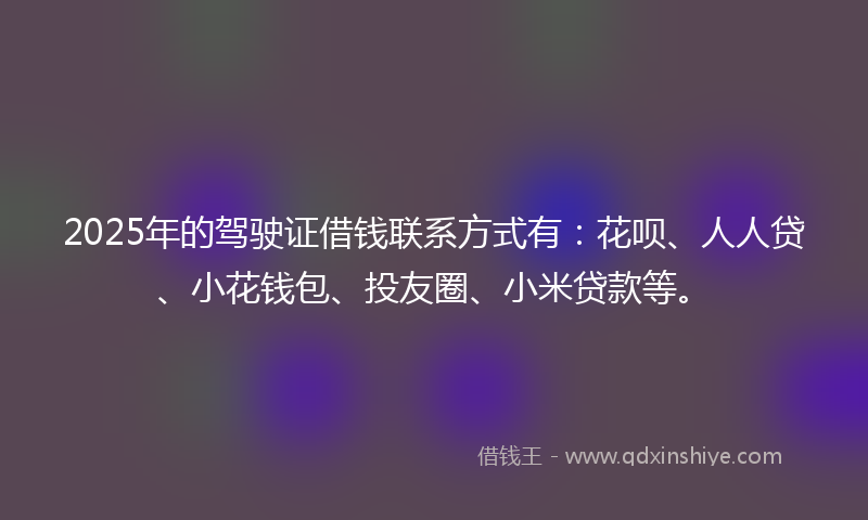 2025年的驾驶证借钱联系方式有：花呗、人人贷、小花钱包、投友圈、小米贷款等。