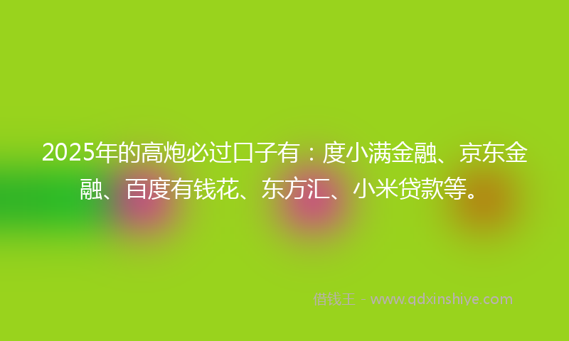 2025年的高炮必过口子有：度小满金融、京东金融、百度有钱花、东方汇、小米贷款等。