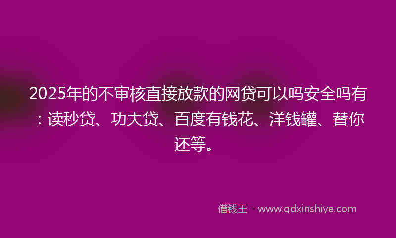 2025年的不审核直接放款的网贷可以吗安全吗有：读秒贷、功夫贷、百度有钱花、洋钱罐、替你还等。