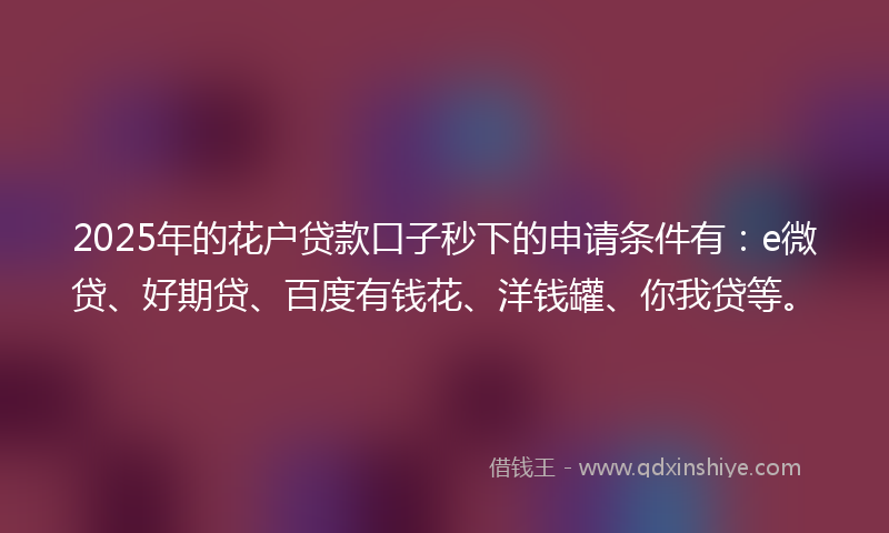 2025年的花户贷款口子秒下的申请条件有：e微贷、好期贷、百度有钱花、洋钱罐、你我贷等。