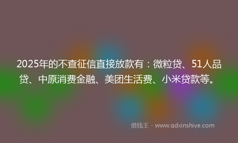 2025年的不查征信直接放款有：微粒贷、51人品贷、中原消费金融、美团生活费、小米贷款等。
