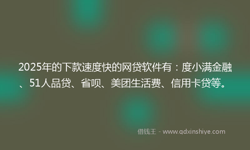 2025年的下款速度快的网贷软件有：度小满金融、51人品贷、省呗、美团生活费、信用卡贷等。