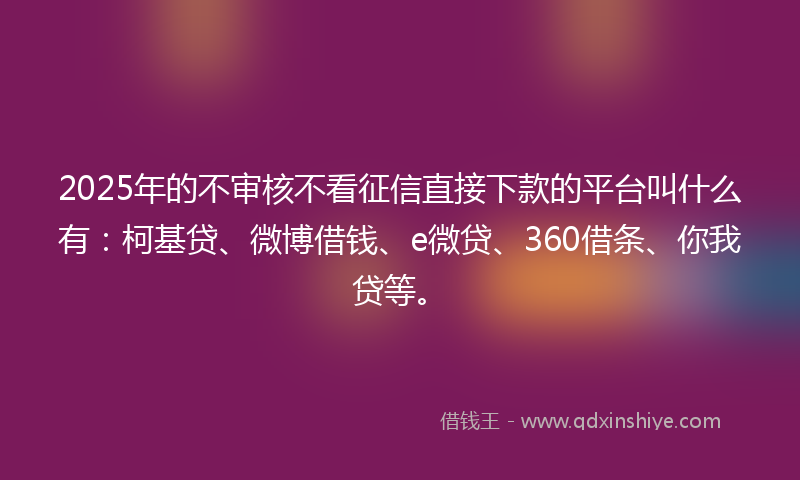 2025年的不审核不看征信直接下款的平台叫什么有：柯基贷、微博借钱、e微贷、360借条、你我贷等。