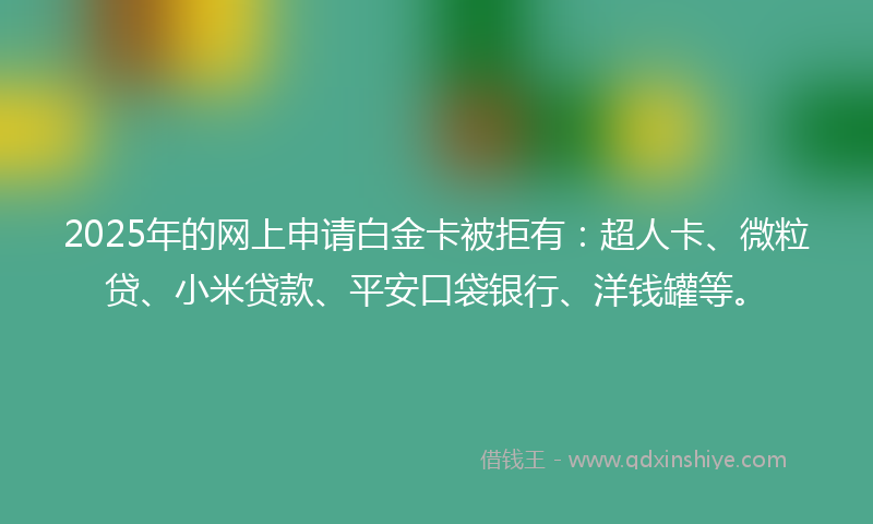 2025年的网上申请白金卡被拒有：超人卡、微粒贷、小米贷款、平安口袋银行、洋钱罐等。