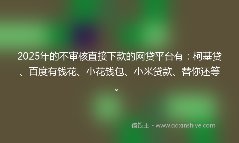 2025年的不审核直接下款的网贷平台有：柯基贷、百度有钱花、小花钱包、小米贷款、替你还等。