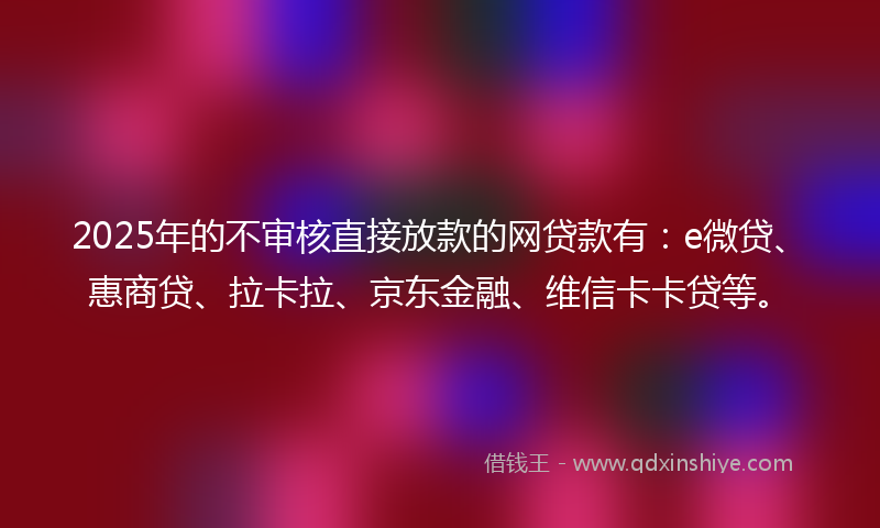 2025年的不审核直接放款的网贷款有：e微贷、惠商贷、拉卡拉、京东金融、维信卡卡贷等。