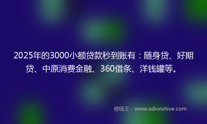 2025年的3000小额贷款秒到账有：随身贷、好期贷、中原消费金融、360借条、洋钱罐等。