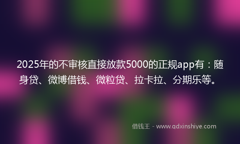 2025年的不审核直接放款5000的正规app有：随身贷、微博借钱、微粒贷、拉卡拉、分期乐等。