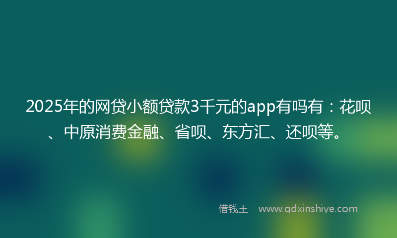 2025年的网贷小额贷款3千元的app有吗有：花呗、中原消费金融、省呗、东方汇、还呗等。