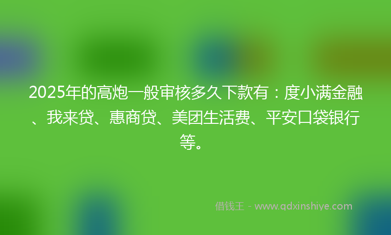 2025年的高炮一般审核多久下款有：度小满金融、我来贷、惠商贷、美团生活费、平安口袋银行等。