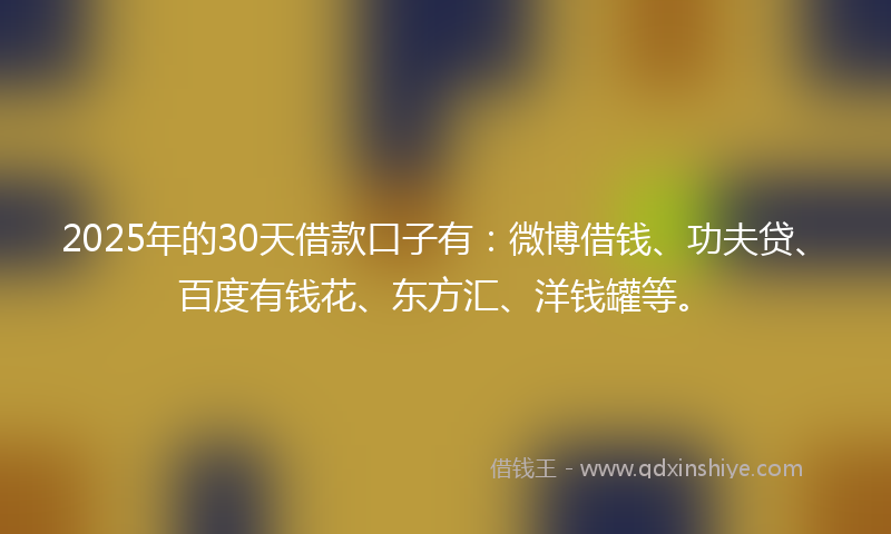 2025年的30天借款口子有：微博借钱、功夫贷、百度有钱花、东方汇、洋钱罐等。