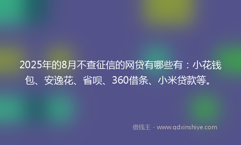2025年的8月不查征信的网贷有哪些有：小花钱包、安逸花、省呗、360借条、小米贷款等。
