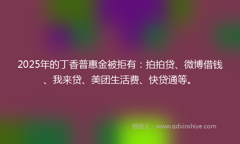 2025年的丁香普惠金被拒有：拍拍贷、微博借钱、我来贷、美团生活费、快贷通等。