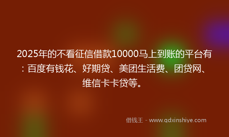 2025年的不看征信借款10000马上到账的平台有：百度有钱花、好期贷、美团生活费、团贷网、维信卡卡贷等。