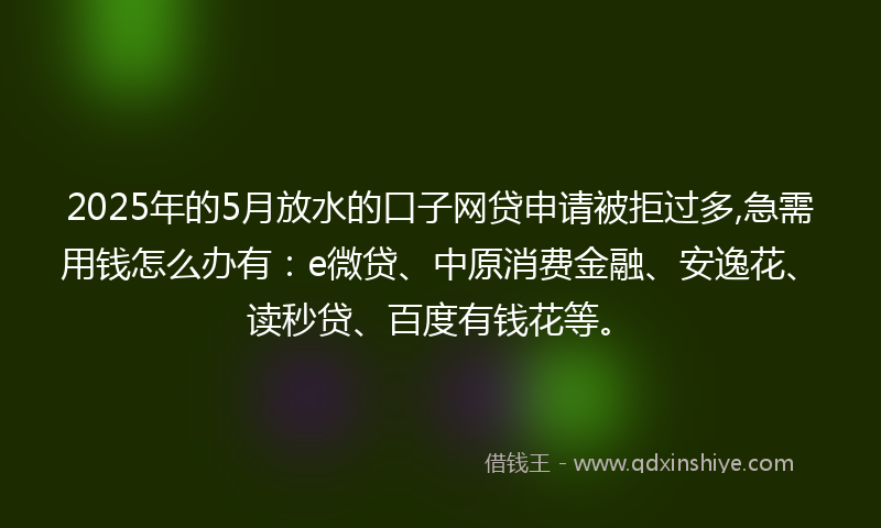 2025年的5月放水的口子网贷申请被拒过多,急需用钱怎么办有：e微贷、中原消费金融、安逸花、读秒贷、百度有钱花等。
