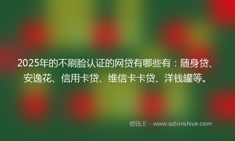 2025年的不刷脸认证的网贷有哪些有：随身贷、安逸花、信用卡贷、维信卡卡贷、洋钱罐等。