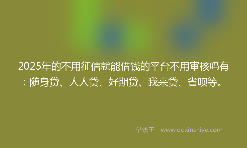 2025年的不用征信就能借钱的平台不用审核吗有：随身贷、人人贷、好期贷、我来贷、省呗等。