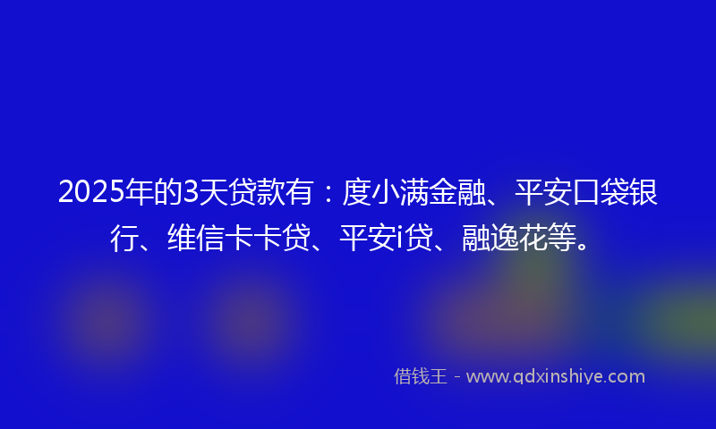 2025年的3天贷款有：度小满金融、平安口袋银行、维信卡卡贷、平安i贷、融逸花等。
