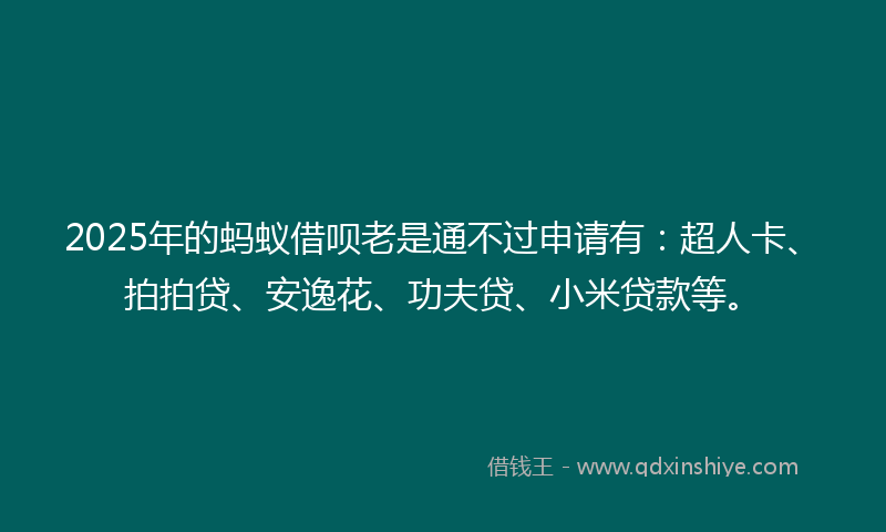 2025年的蚂蚁借呗老是通不过申请有：超人卡、拍拍贷、安逸花、功夫贷、小米贷款等。