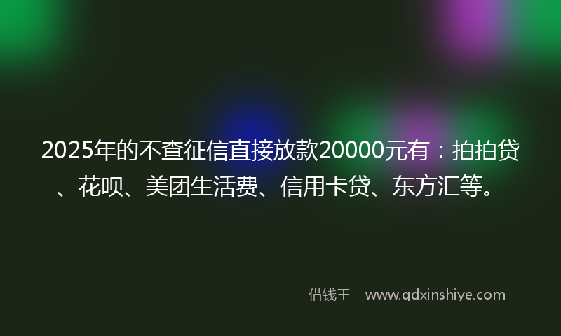 2025年的不查征信直接放款20000元有：拍拍贷、花呗、美团生活费、信用卡贷、东方汇等。