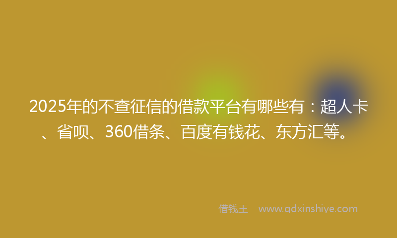 2025年的不查征信的借款平台有哪些有：超人卡、省呗、360借条、百度有钱花、东方汇等。