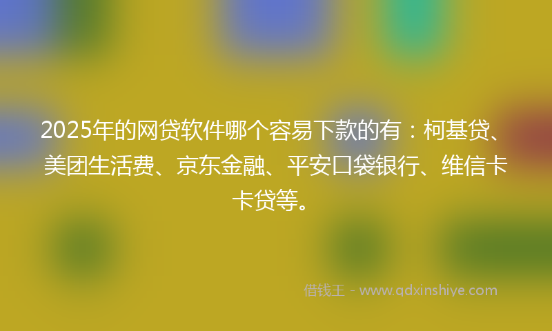 2025年的网贷软件哪个容易下款的有：柯基贷、美团生活费、京东金融、平安口袋银行、维信卡卡贷等。