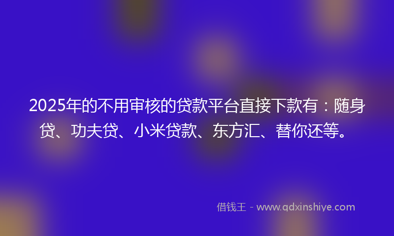 2025年的不用审核的贷款平台直接下款有：随身贷、功夫贷、小米贷款、东方汇、替你还等。