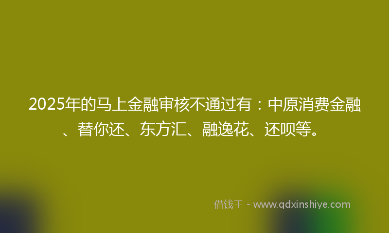 2025年的马上金融审核不通过有：中原消费金融、替你还、东方汇、融逸花、还呗等。