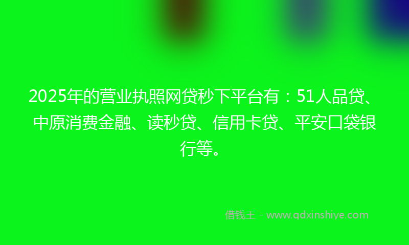 2025年的营业执照网贷秒下平台有：51人品贷、中原消费金融、读秒贷、信用卡贷、平安口袋银行等。