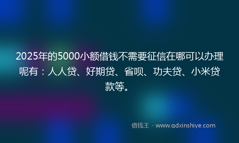 2025年的5000小额借钱不需要征信在哪可以办理呢有：人人贷、好期贷、省呗、功夫贷、小米贷款等。