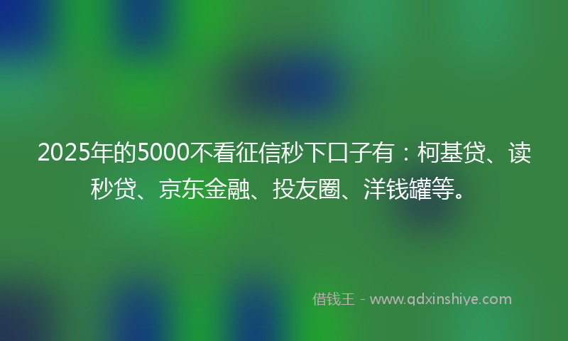 2025年的5000不看征信秒下口子有：柯基贷、读秒贷、京东金融、投友圈、洋钱罐等。