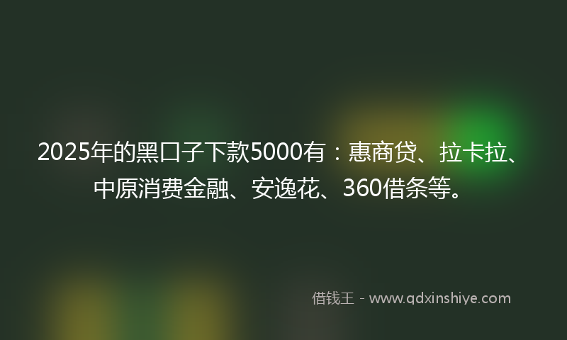 2025年的黑口子下款5000有：惠商贷、拉卡拉、中原消费金融、安逸花、360借条等。