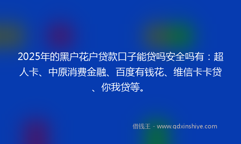 2025年的黑户花户贷款口子能贷吗安全吗有：超人卡、中原消费金融、百度有钱花、维信卡卡贷、你我贷等。