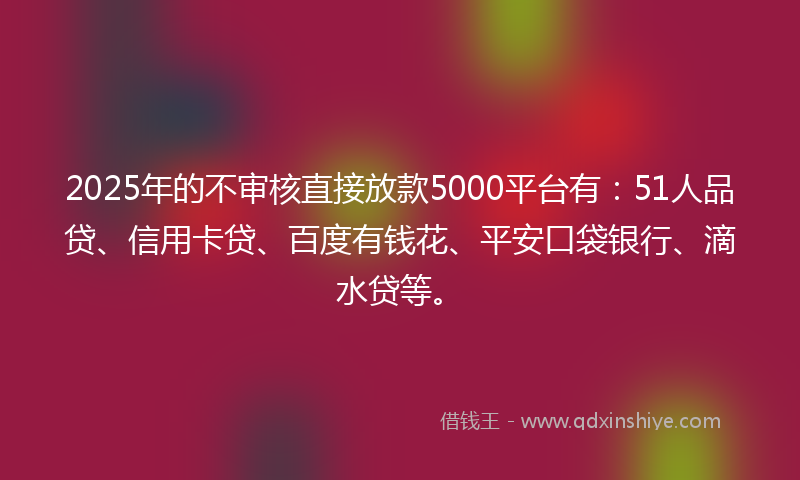 2025年的不审核直接放款5000平台有：51人品贷、信用卡贷、百度有钱花、平安口袋银行、滴水贷等。