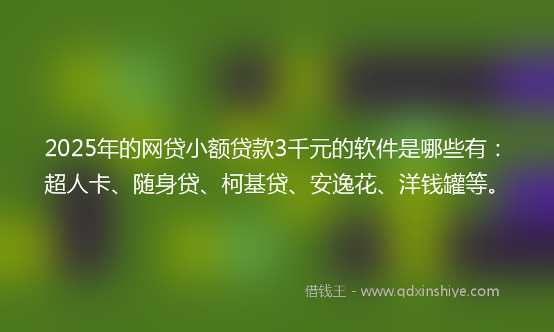 2025年的网贷小额贷款3千元的软件是哪些有：超人卡、随身贷、柯基贷、安逸花、洋钱罐等。