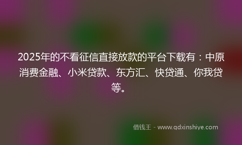 2025年的不看征信直接放款的平台下载有：中原消费金融、小米贷款、东方汇、快贷通、你我贷等。