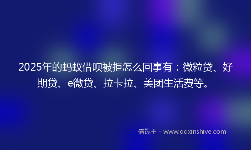 2025年的蚂蚁借呗被拒怎么回事有：微粒贷、好期贷、e微贷、拉卡拉、美团生活费等。