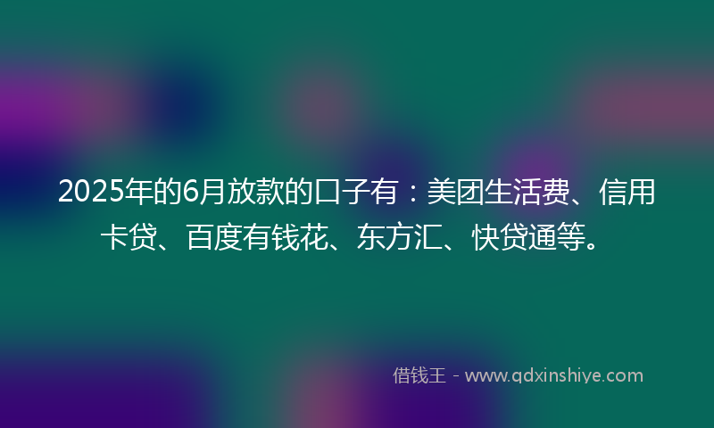 2025年的6月放款的口子有：美团生活费、信用卡贷、百度有钱花、东方汇、快贷通等。