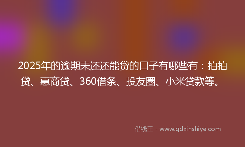 2025年的逾期未还还能贷的口子有哪些有：拍拍贷、惠商贷、360借条、投友圈、小米贷款等。