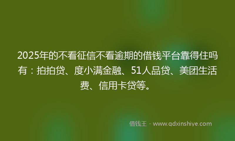 2025年的不看征信不看逾期的借钱平台靠得住吗有：拍拍贷、度小满金融、51人品贷、美团生活费、信用卡贷等。