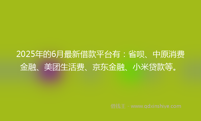 2025年的6月最新借款平台有：省呗、中原消费金融、美团生活费、京东金融、小米贷款等。