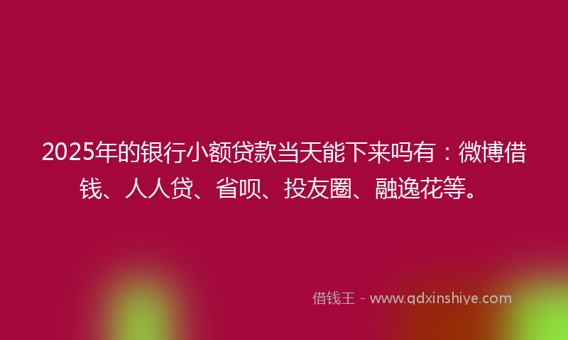 2025年的银行小额贷款当天能下来吗有：微博借钱、人人贷、省呗、投友圈、融逸花等。