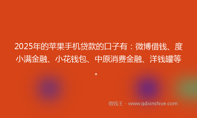2025年的苹果手机贷款的口子有：微博借钱、度小满金融、小花钱包、中原消费金融、洋钱罐等。