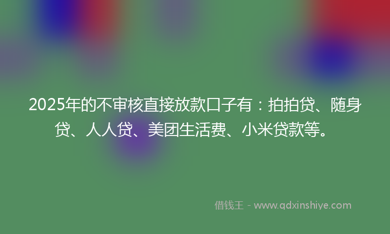 2025年的不审核直接放款口子有：拍拍贷、随身贷、人人贷、美团生活费、小米贷款等。