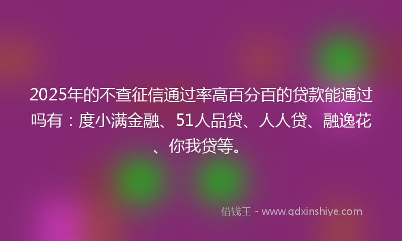 2025年的不查征信通过率高百分百的贷款能通过吗有：度小满金融、51人品贷、人人贷、融逸花、你我贷等。
