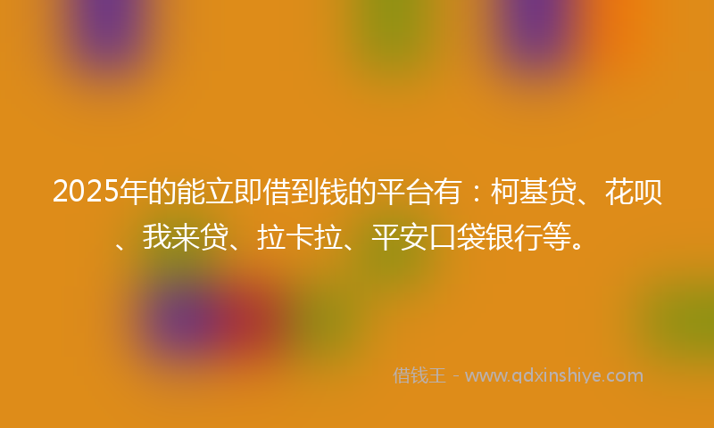 2025年的能立即借到钱的平台有:柯基贷、花呗、我来贷、拉卡拉、平安口袋银行等。